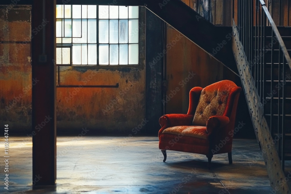Poster A single red chair placed in front of a window with a view