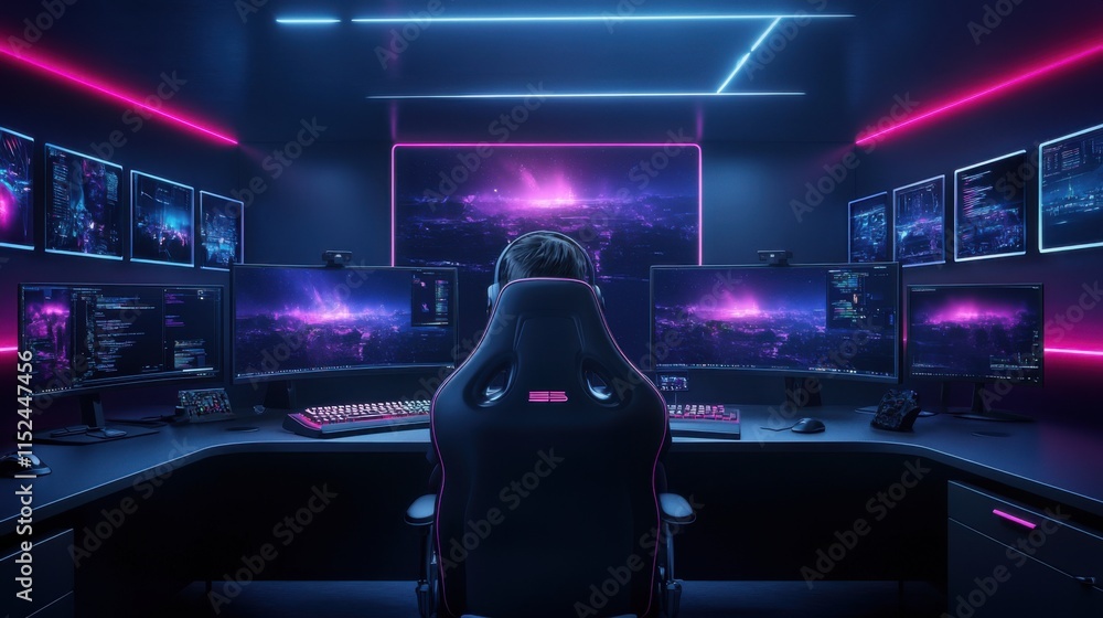 Poster futuristic gaming setup with neon lights and multiple monitors in a dark room