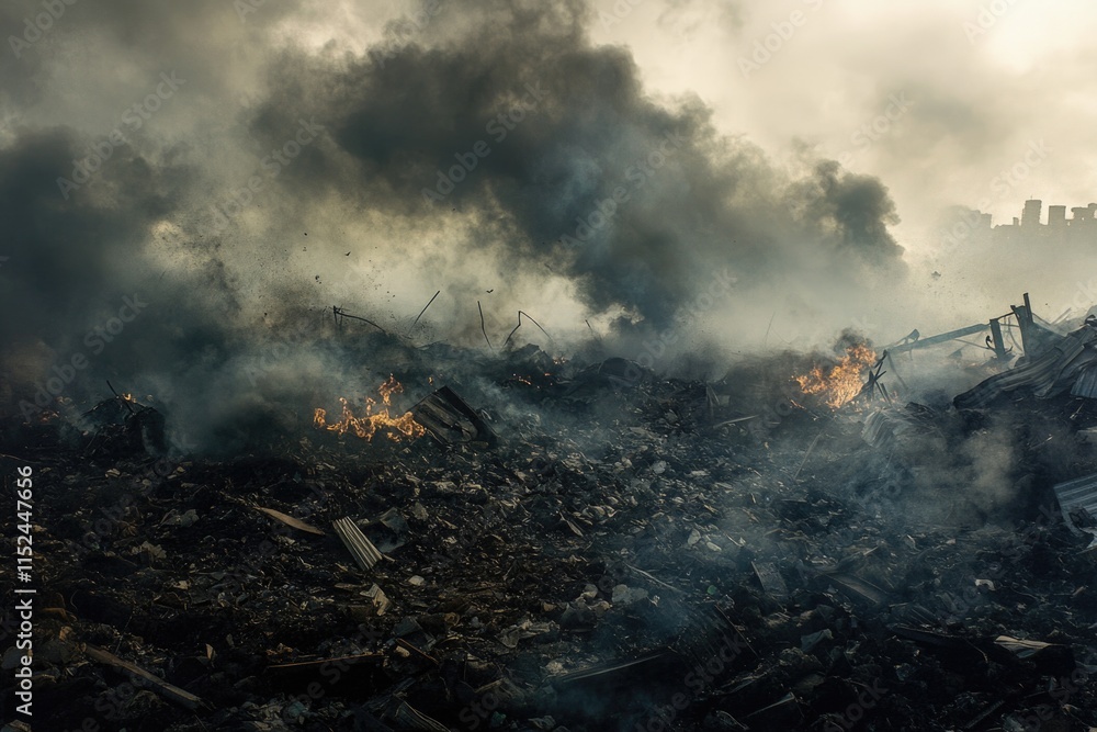 Poster a large pile of rubble with smoke emanating from the top