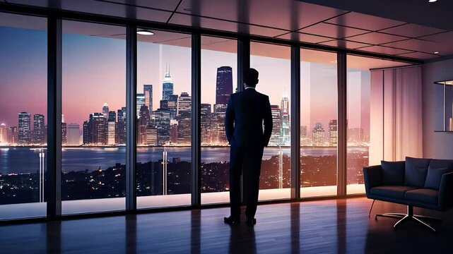 Businessman Standing in a Modern Apartment Overlooking a Vibrant City Skyline Through Large Glass Windows

