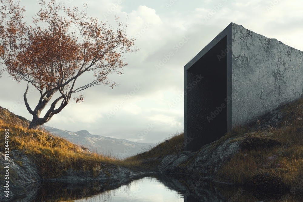 Poster a single tree stands in front of a concrete structure, perfect for use in architecture, landscape or