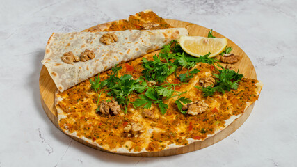 Delicious turkish lahmacun top view isolated