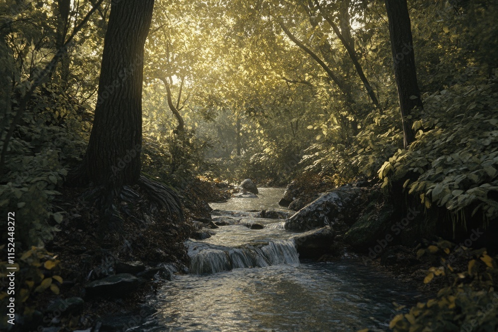 Aufkleber a serene natural scene with a clear stream running through a lush green forest, great for background