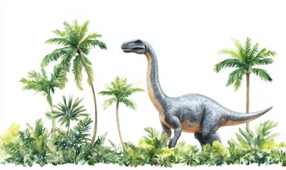 An illustration with watercolor of a brontosaurus dinosaur in a lush tropical landscape, isolated on a white background 3d rendering
