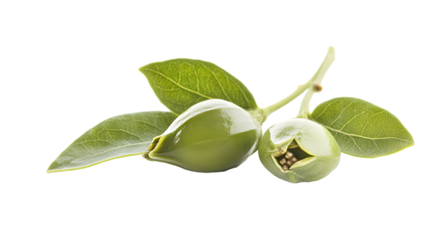 Fresh Green Olive Buds with Leaves Isolated on White Background, Organic Culinary Ingredient