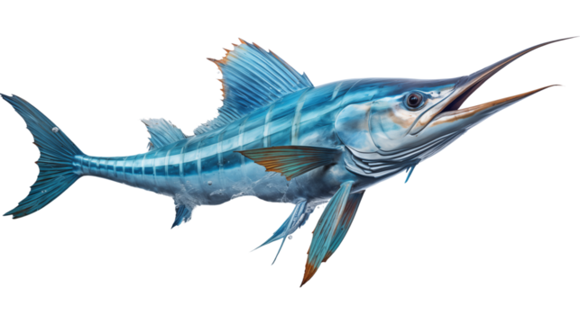A majestic swordfish, a top predator of the Pacific Ocean, renowned for its streamlined body and strength, studio view, isolated on transparent background. - Powered by Adobe