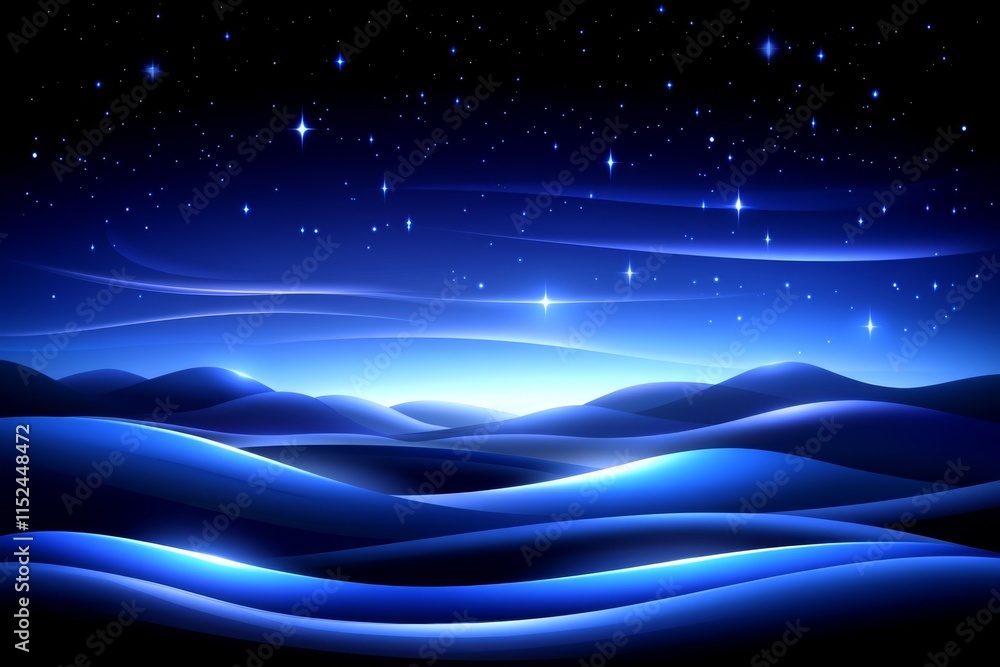 Poster a visually striking digital landscape where vibrant blue and cyan lights stand out on a dark backgro
