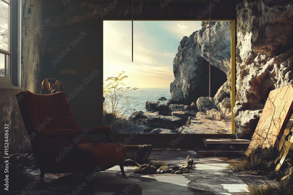 Aufkleber a single red chair sits in front of a window with a view
