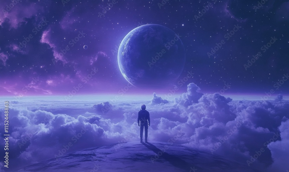 Aufkleber astronaut standing on a surface overlooking a planet and space with stars and clouds. futuristic spa