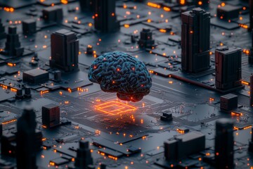 This digital artwork features a glowing brain with vibrant circuitry, characterized by dynamic and imaginative design, delivering a modern and striking visual impact within a technological