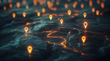 global network with glowing location pins and lines connecting points on dark map digital communication concept