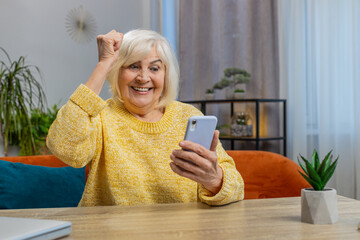 Happy senior woman use mobile smartphone typing browsing celebrating success victory, winning...