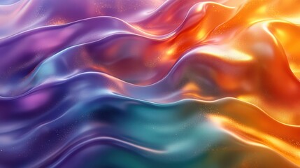 Obraz premium ridescent digital abstract background with flowing wave-like patterns, blending vibrant hues of green, purple, and gold, featuring a glossy, polished texture and soft gradients