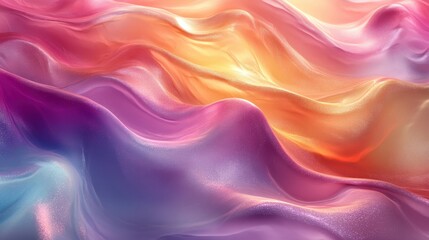 Fototapeta premium ridescent digital abstract background with flowing wave-like patterns, blending vibrant hues of green, purple, and gold, featuring a glossy, polished texture and soft gradients
