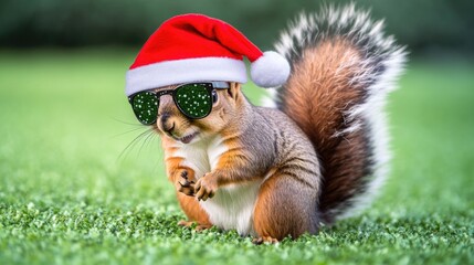 Obraz premium A playful squirrel wears sunglasses and a Santa hat, perfect for winter or holiday season imagery