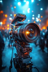 Fototapeta premium A photographer setting up their equipment, with people passing by in the background