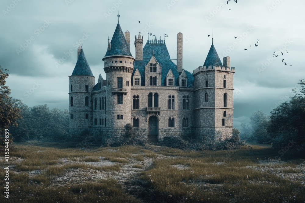Poster a medieval-style castle with numerous windows situated in a green open field