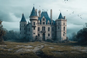 A medieval-style castle with numerous windows situated in a green open field