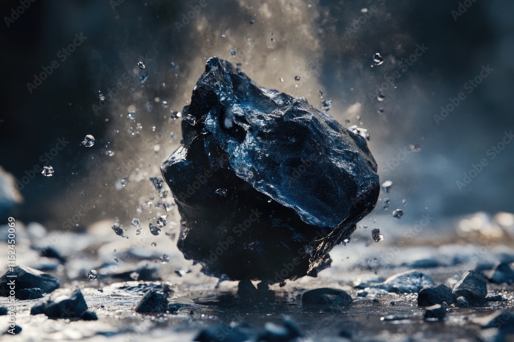 Poster a rock falling into a puddle of water, creating ripples and waves