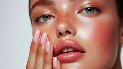 Captivating beauty with soft blush tones and perfect pink nails showcases elegance in close-up shot against a pristine white backdrop