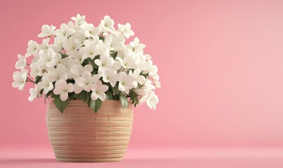 Naklejka premium 3D rendering showing white flowers in a wooden basket on a pink spring background
