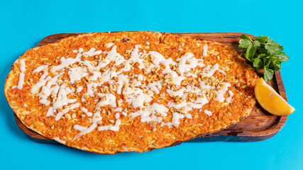 Delicious turkish lahmacun top view isolated