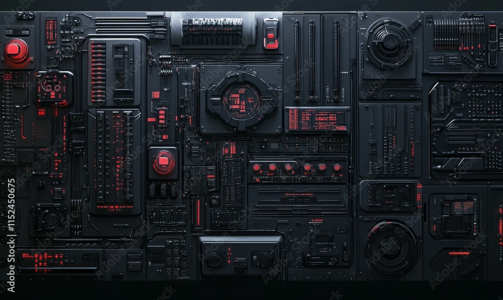 Poster black, tech background with sci-fi 3d panels. dark, futuristic style. 3d render.
