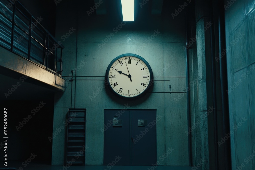 Poster A clock hangs from the side of a building, providing a striking visual feature