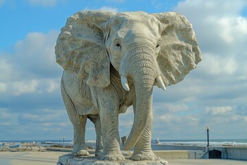 Fototapeta premium A majestic elephant stands atop a rocky outcropping, its trunk and tusks reaching for the sky