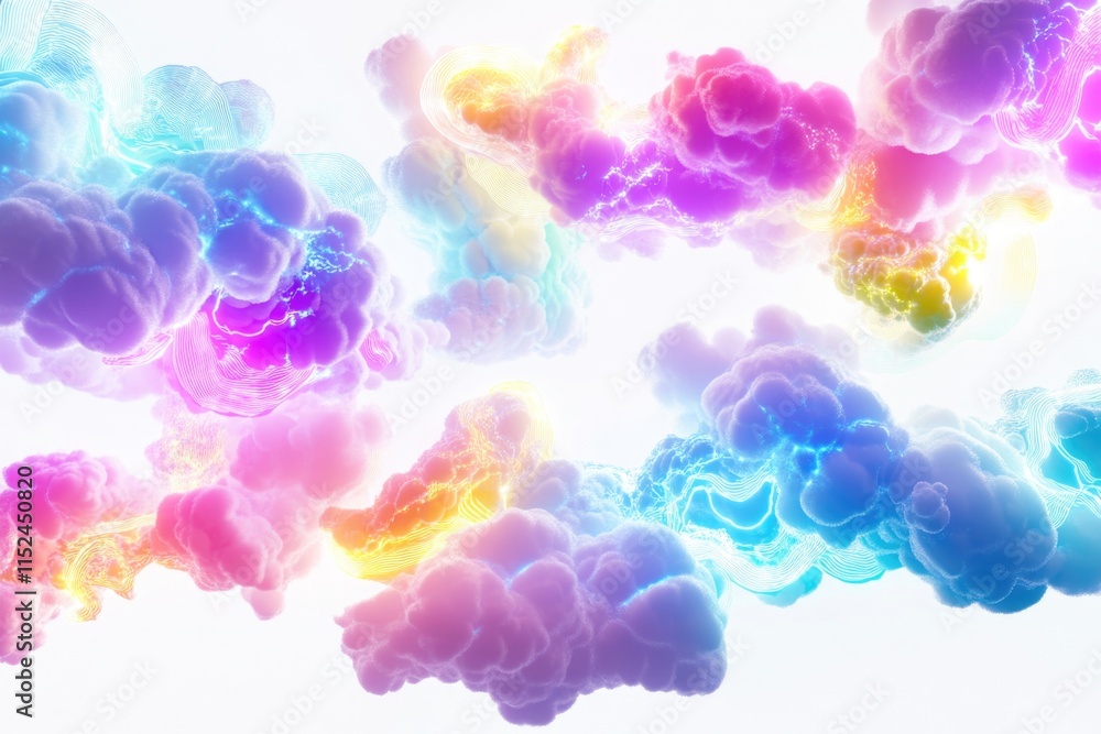 Poster clouds with vibrant colors floating in mid-air, great for use in weather or atmosphere illustrations