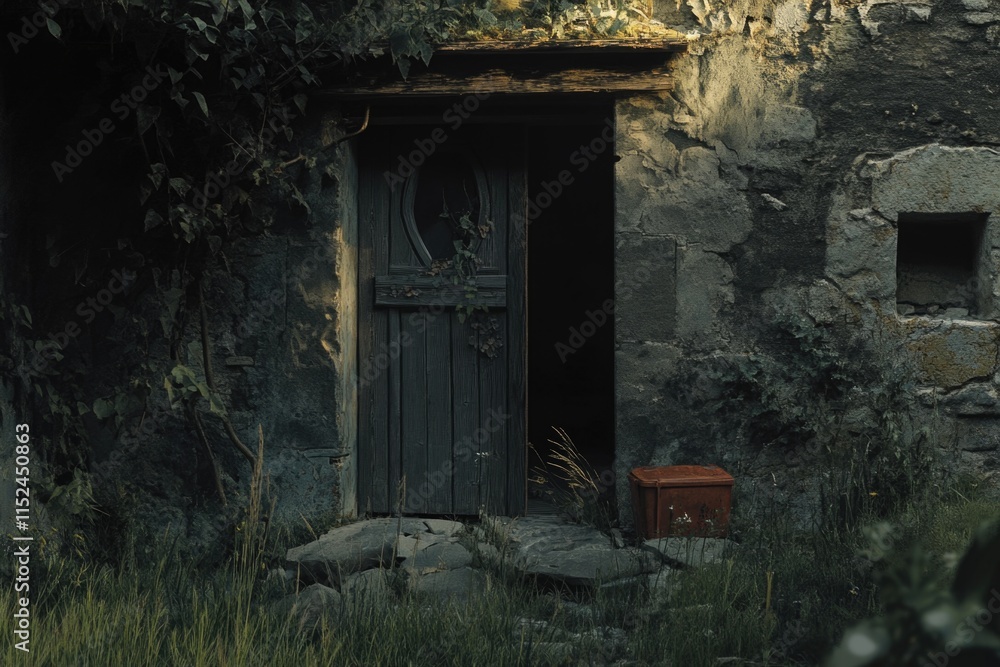 Poster a picture of an ancient stone building with a door and window, suitable for use in historical or arc