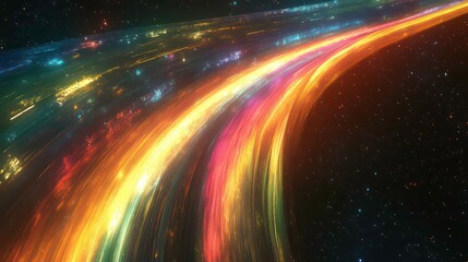 Obraz premium Glowing parallel lines create an abstract rainbow spectrum against a dark cosmic background, evoking a sense of vibrant energy and motion