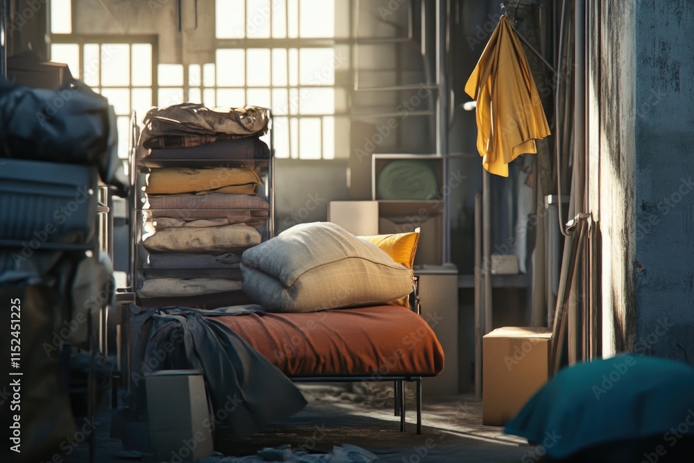 Poster a comfortable room filled with many pillows and blankets, perfect for relaxation or reading