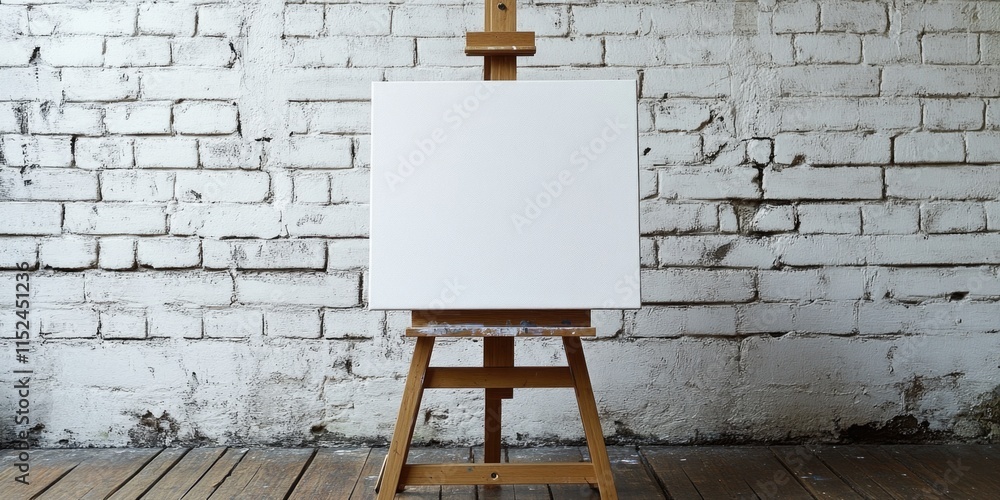 Poster an easel with a blank canvas on it placed in front of a brick wall, ideal for art-related or educati