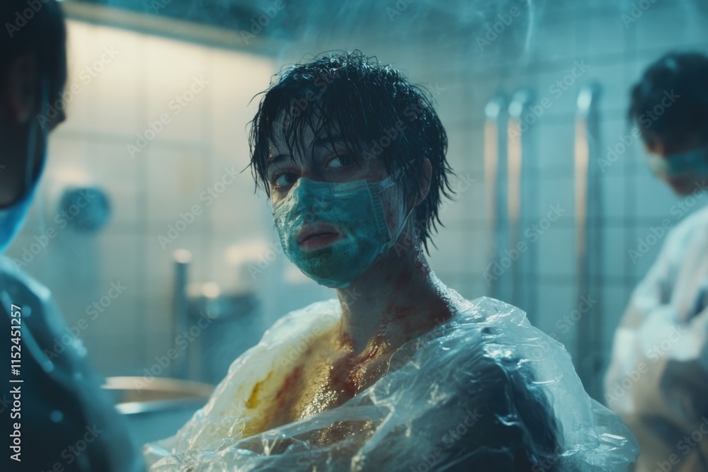 Aufkleber a person wrapped in plastic is situated in a bathroom setting, suitable for use as a prop or in a sc