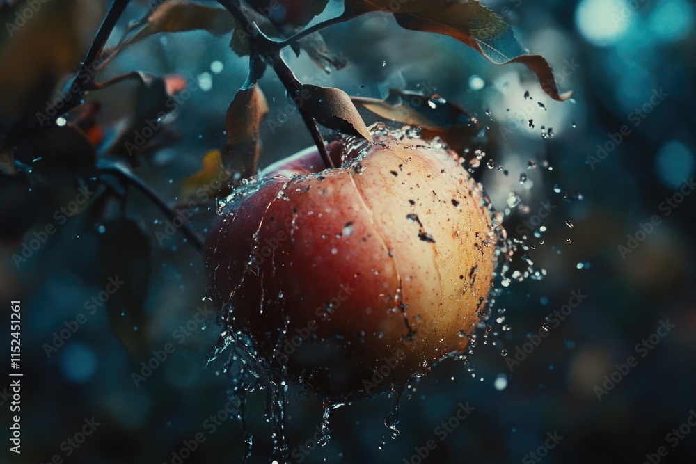 Poster a close-up of an apple hanging from a tree branch