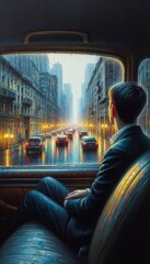Realistic Oil Painting of a Man Gazing Out a Car Window on a Rainy Day, with Urban Buildings in the Background &ndash; Textured Brushstrokes and Atmospheric Details






