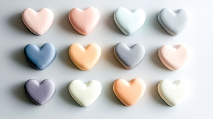Fototapeta premium Pastel colored clay hearts arranged on white background representing love and affection