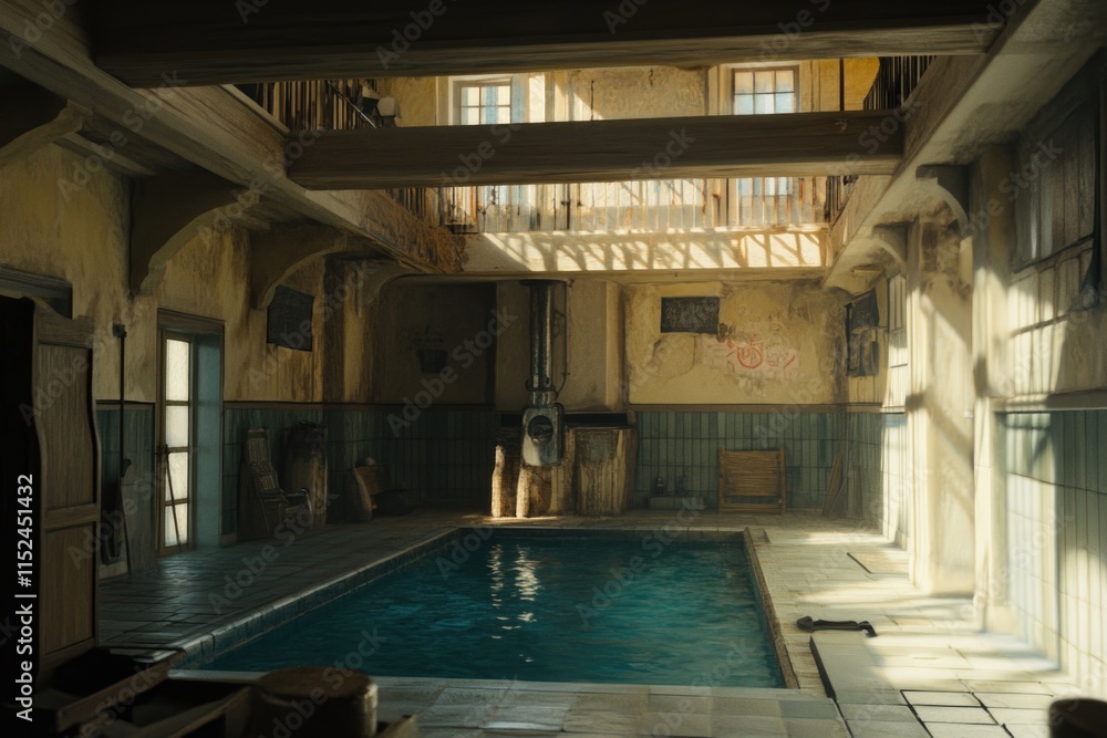 Poster A pool table inside a building with natural light pouring in from above