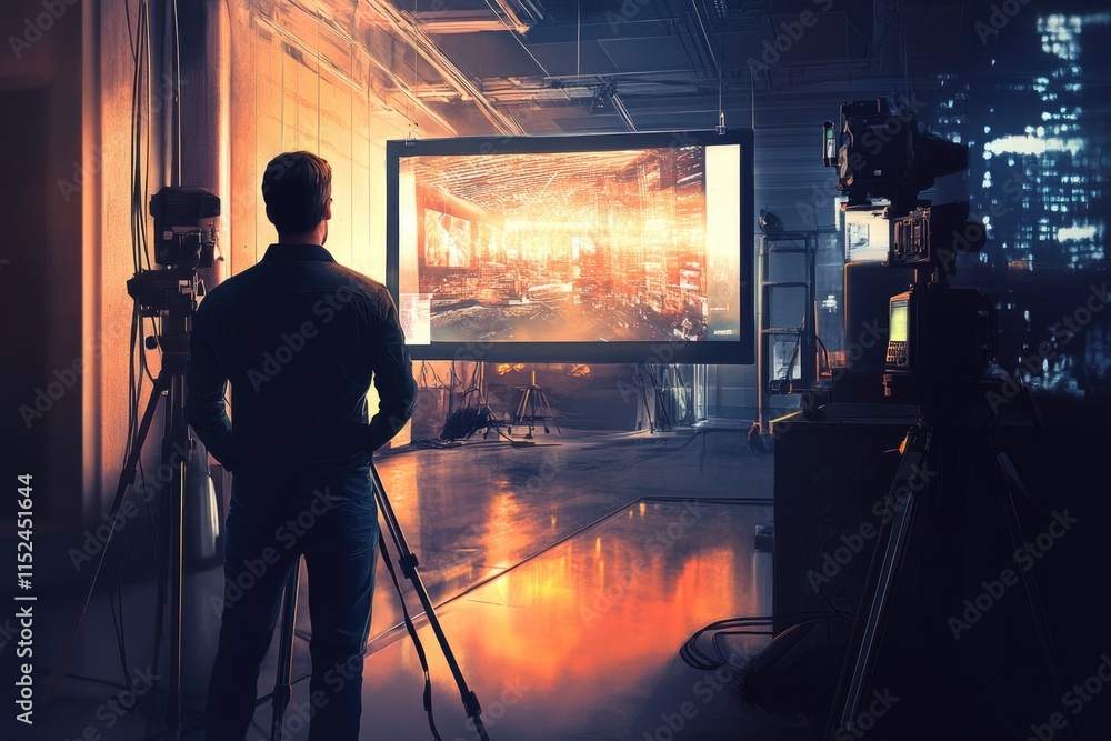 Poster A person sitting in front of a screen with moving images