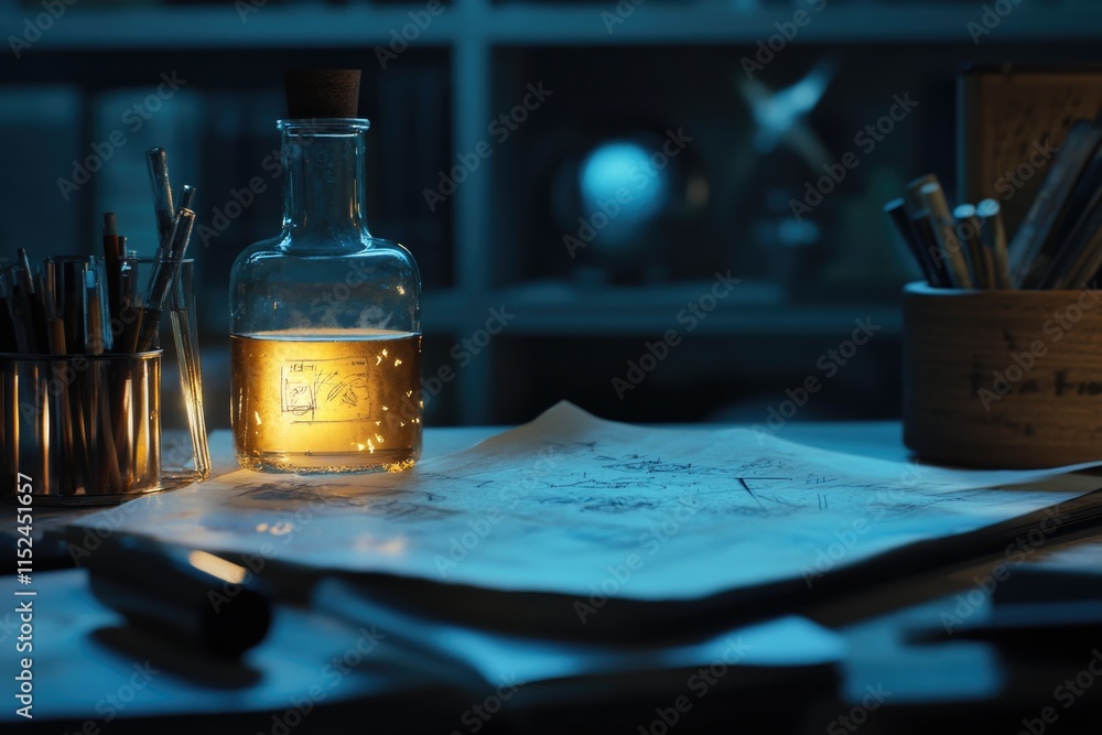 Poster a single bottle of alcohol sits on a table, ready for use