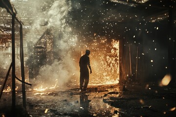 Fototapeta premium A person standing in a room with a burning fire in the background