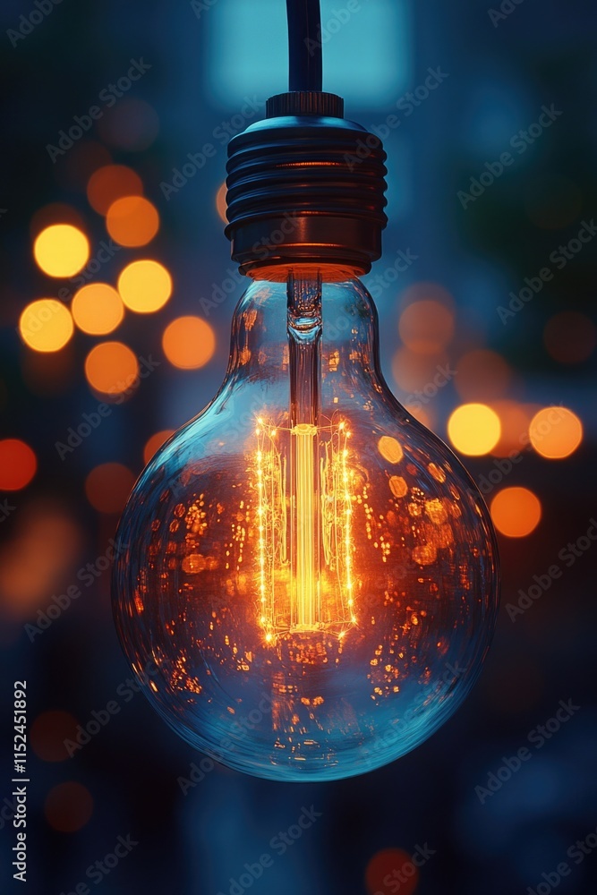 Poster A single light bulb hangs from a string, surrounded by soft warm lighting