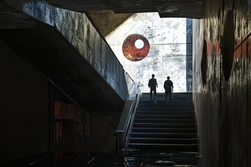 A person and their companion ascend the staircase together