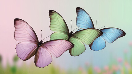 Three beautiful butterflies in vibrant colors: pink, green, and blue, gracefully fluttering against a soft pastel background.