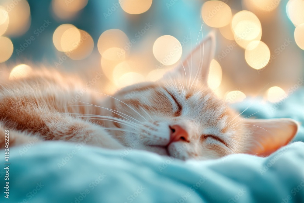 Poster calm orange cat resting peacefully on soft blanket with blurred twinkling lights in background at ni