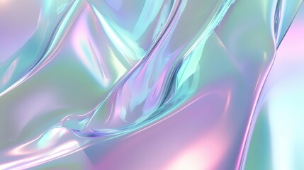 Fototapeta premium Elegant holographic abstract background with smooth flowing textures in pastel tones of teal, pink, and lavender, featuring metallic sheen and soft rainbow-like reflections for a modern design