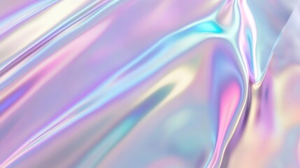 Elegant holographic abstract background with smooth flowing textures in pastel tones of teal, pink, and lavender, featuring metallic sheen and soft rainbow-like reflections for a modern design