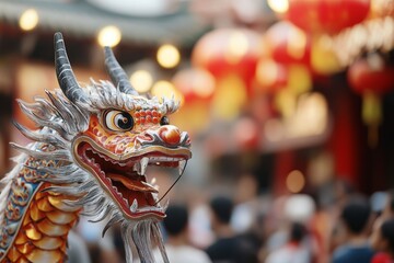 Vibrant dragon decoration brings life to festive celebration filled with lanterns and joyful crowds