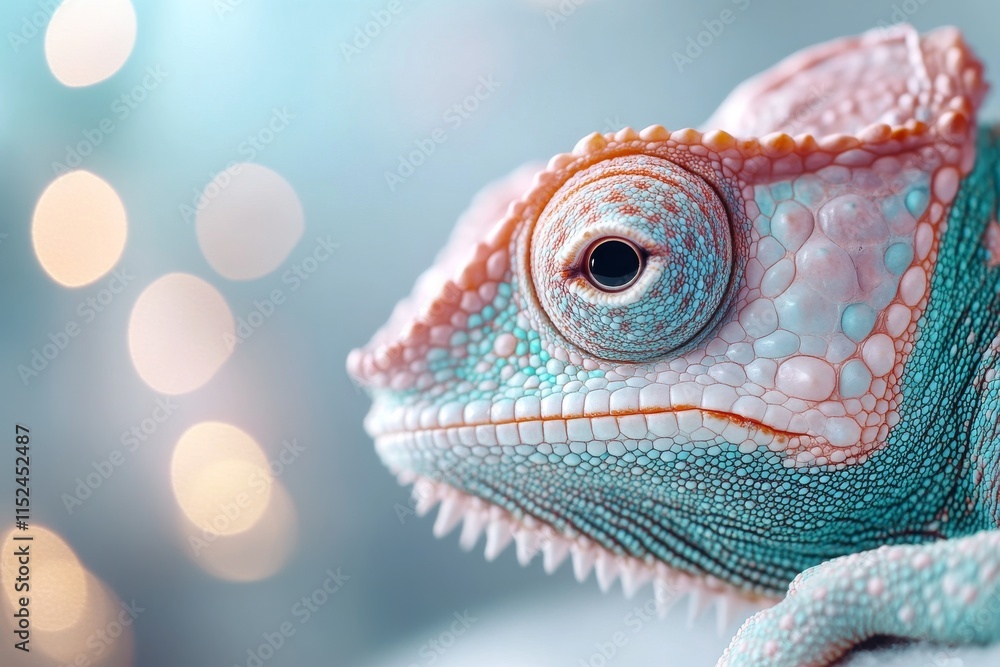 Poster colorful chameleon displaying unique textures and colors against a soft background with blurred ligh